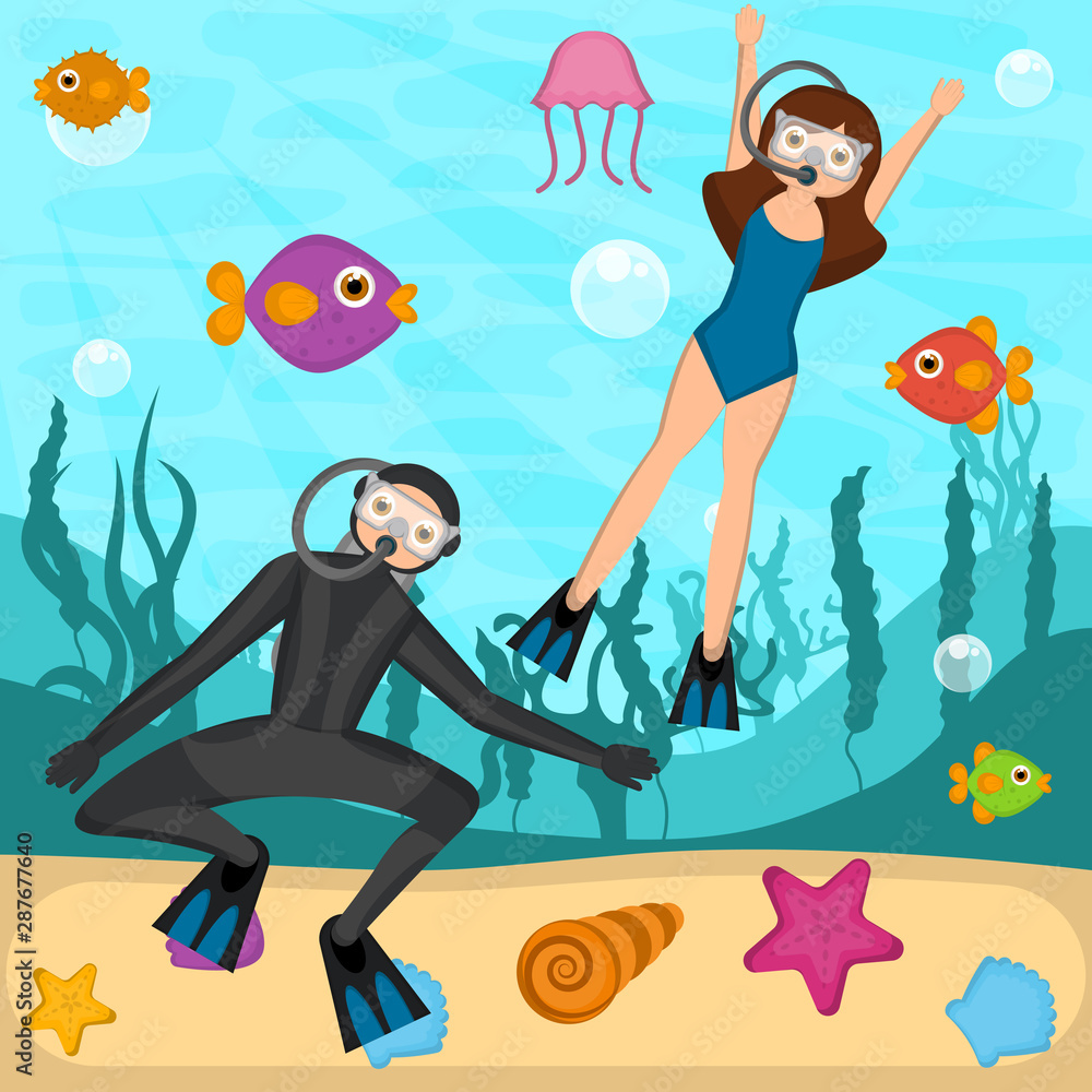 Scuba divers in the bottom of the sea - Vector Scuba divers in the bottom of the sea - Vector