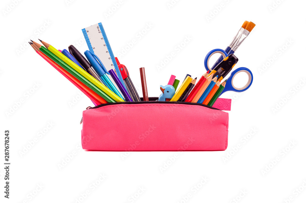 Back to school in pink case on isolated on white background. Back to school in pink case on isolated on white background.