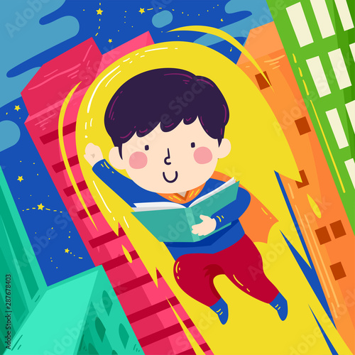 Kid Boy Read Book Super Her...