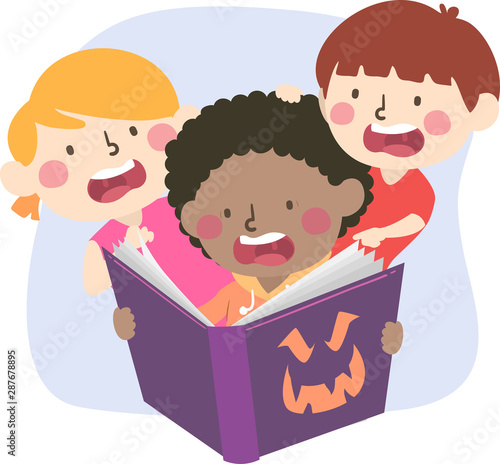 Kids Read Scary Book Illustration