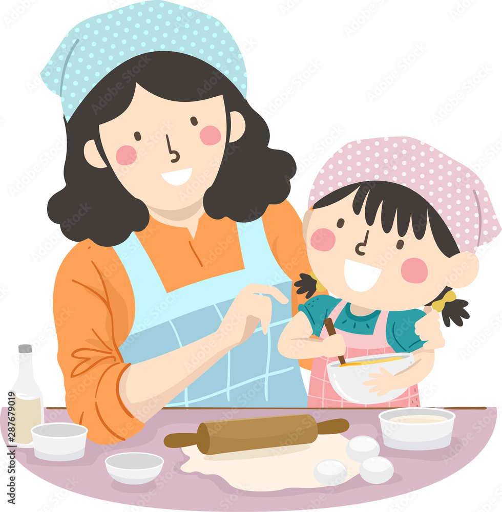 Kid Girl Mom Teach How To Bake Illustration Kid Girl Mom Teach How To Bake Illustration