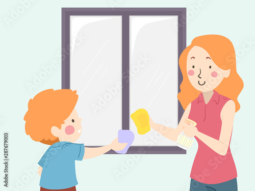 Kid Boy Mom Teach Clean Window Illustration