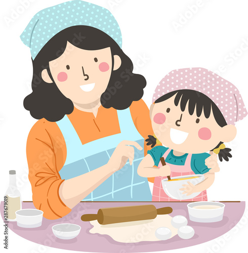 Kid Girl Mom Teach How To Bake Illustration