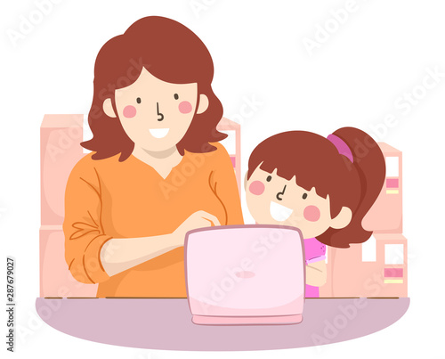 Kid Girl Mom Teach Online Shopping Illustration