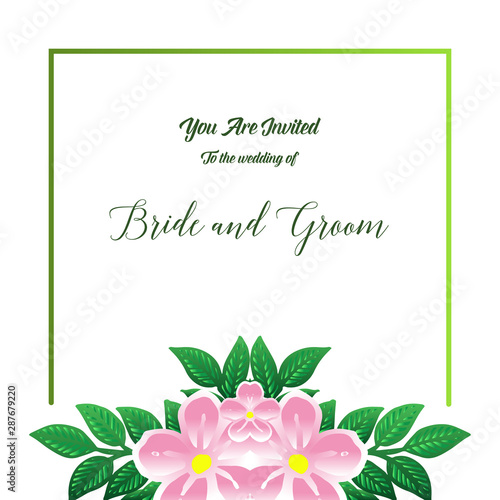 Beauty green foliage and pink wreath frame, for design of various card bride and groom. Vector