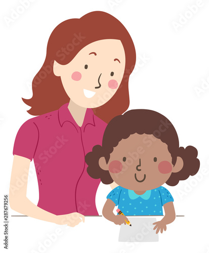 Kid Girl Teacher Write Illu...