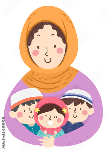 Kids Mom Muslim Hug Kids Illustration