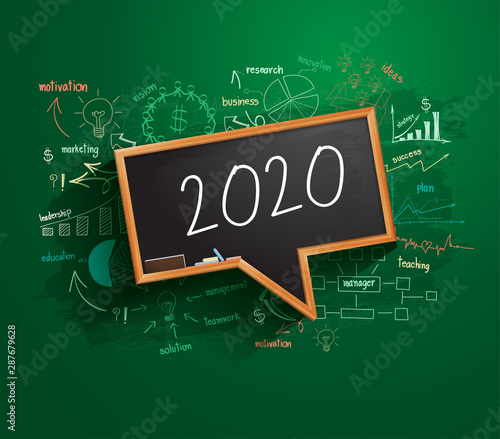 2020 new year business success strategy plan idea on speech bubbles blackboard, Creative thinking drawing charts and graphs, Inspiration concept modern template layout, diagram, Vector illustration