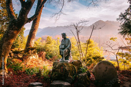 Matsuo Basho Japanese poet statue at Yamadera Risshaku ji temple, Japan photo