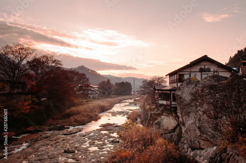 Japanese house on rock cliff by Tachiya river in Yamadera, Yamagata - Japan