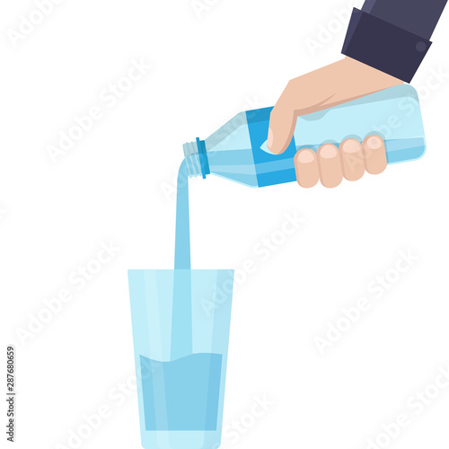 Pour bottled water drink into a glass with white background flat design vector illustration
