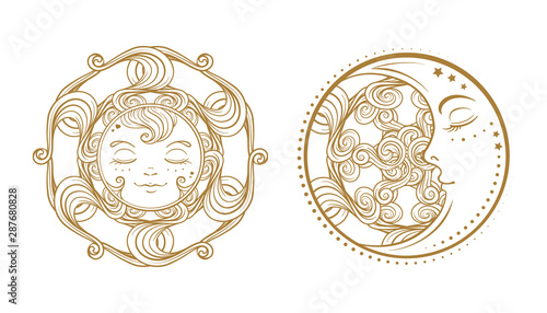 Ethnic sun and moon symbols. Temporary tattoo set.