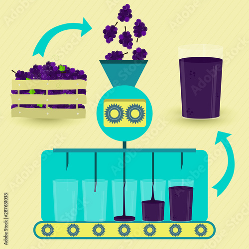 Grape juice series production. Fresh bunch of grapes being processed. Cup of glass being filled by grape juice.
