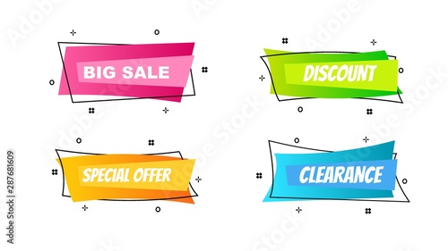 Flat linear promotion ribbon banner, scroll, price tag, sticker, badge, poster. Vector illustration