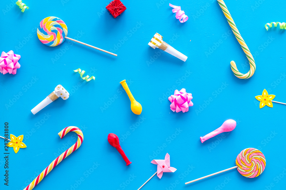 Decoration for party layout on blue background top view Decoration for party layout on blue background top view