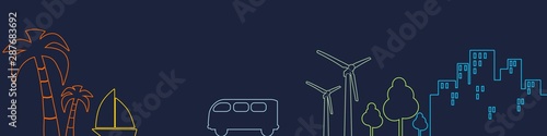 City and tropical recreation relative silhouettes. Retro bus moving to cruise ship and palm. Ecology linear design concept
