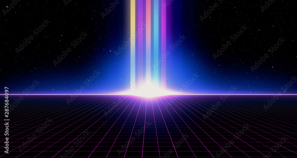 Retro Sci-Fi Background Futuristic Grid landscape of the 80`s. Digital Cyber Surface. Suitable for design in the style of the 1980`s. 3D illustration