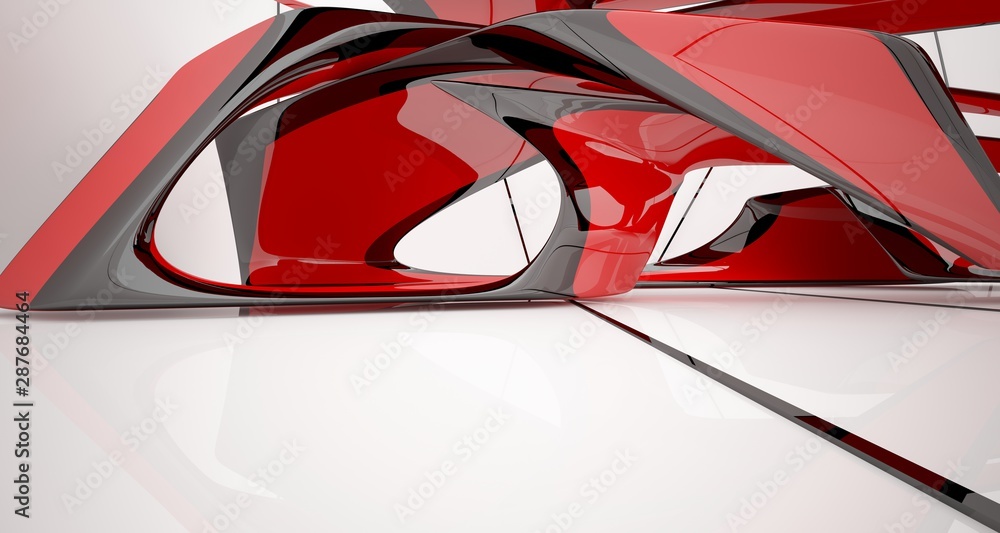 Naklejka premium Abstract dynamic interior with black and red gradient smooth objects. 3D illustration and rendering