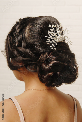 Female salable hairstyle bun with a hairpin on the head of a brown-haired woman back view.