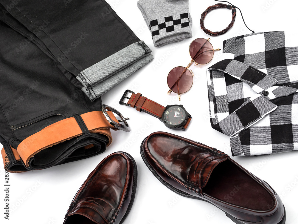 Creative fashion design for men casual clothing set on white background  include Loafer shoes, jeans, plaid shirt, watch, sunglasses, sock and belt.  top view, Men collection concept. Stock Photo | Adobe Stock