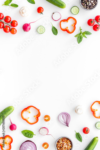 Frame of colorful vegetables on white background top view mock up