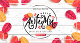 Autumn calligraphy on white wood. Seasonal lettering.autumn sale  banner background.vector illustration