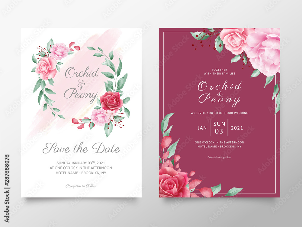 Elegant flowers wedding invitation cards template set. Editable vector multi-purpose card template like greeting, bridal, save the date.