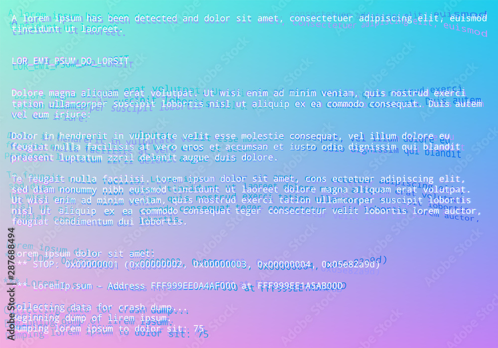 Blue screen with operating system error message and vaporwave glitch style Blue screen with operating system error message and vaporwave glitch style