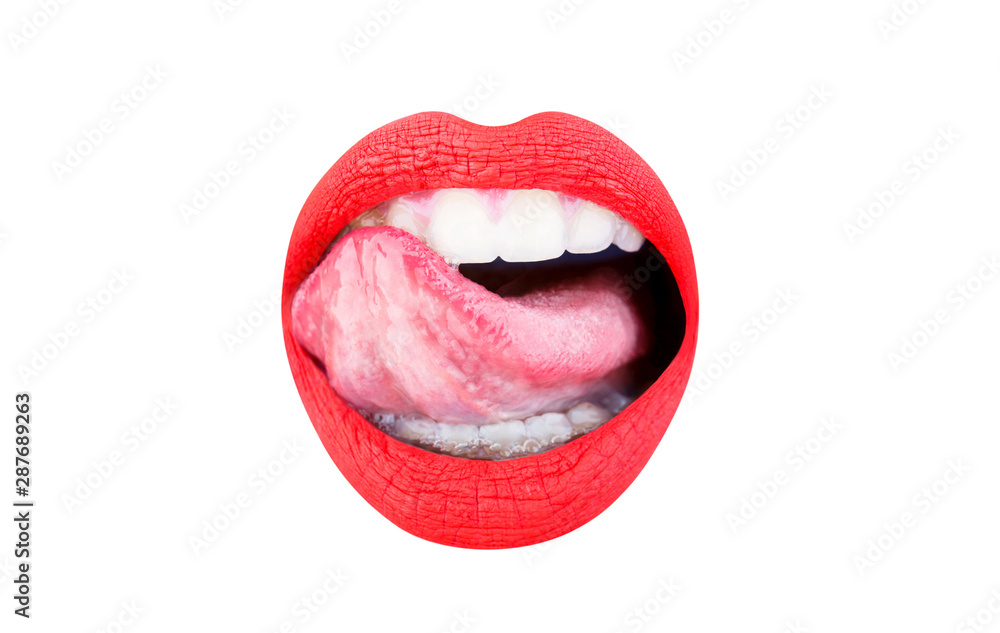 Fototapeta Red lip, lipstick and lipgloss, passionate. Close up, macro with beautiful mouth. Sexy tongue. Tongue and sexy mouth, open. Woman lip, female lips. Sexy lips, tongue out. Beautiful sexy woman, girl