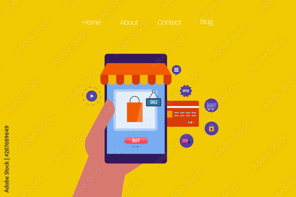 Hand holding smartphone, ecommerce mobile app, online shopping via credit card concept, flat design vector web banner. Hand holding smartphone, ecommerce mobile app, online shopping via credit card concept, flat design vector web banner.