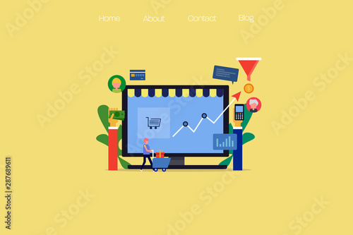 Ecommerce store, sales funnel, conversion optimization,  customer with cart, flat design concept, vector web banner.