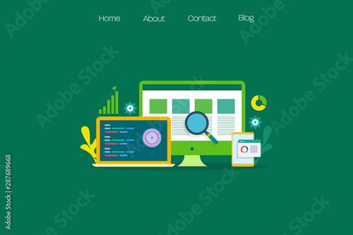 Data driven marketing, optimized website data, seo concept, flat design vector web banner.