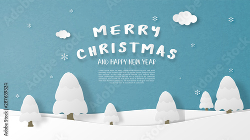Landscape winter season with pine tree and falling snow and clouds background in paper cut style. Vector illustration. wallpaper, backdrop, poster, wallpaper, banner, brochure.