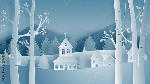 Merry Christmas and happy new year with Landscape of village in winter field in paper cut style. Vector illustration design for backdrop,wallpaper, poster, banner.