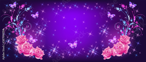 Flying fantasy butterflies with roses and sparkle stars