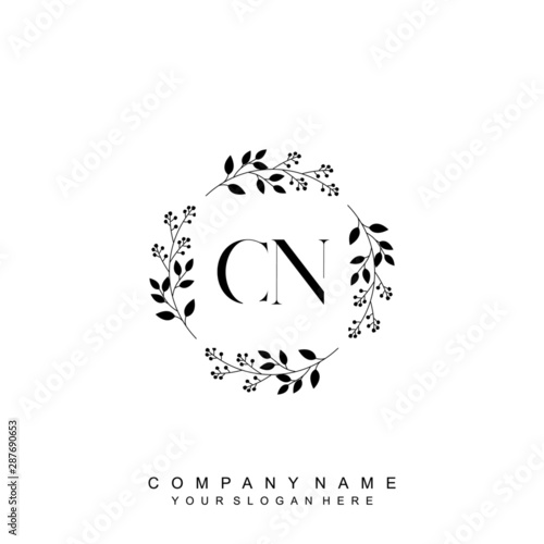 letter CN surrounded by beautiful and elegant flowers and leaves. Wedding monogram logo template. Fashion Logo template Vectors,