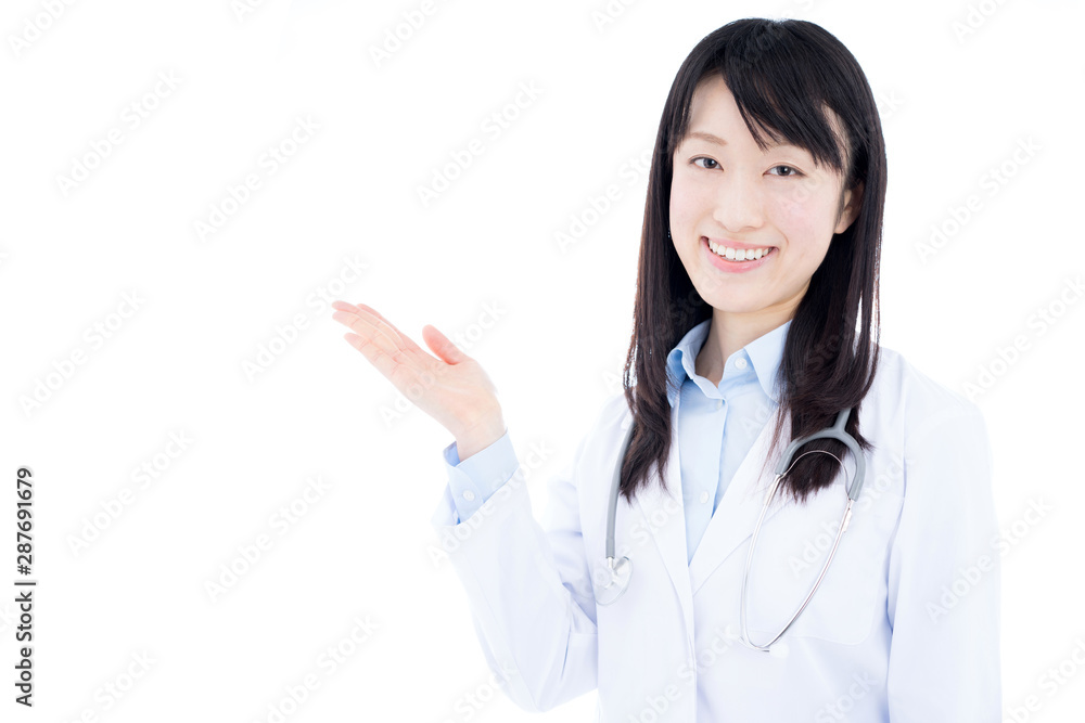 Young female doctor with stethoscope explaining isolated on white background Young female doctor with stethoscope explaining isolated on white background
