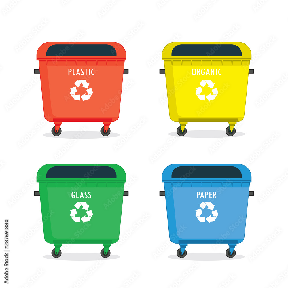 Waste sorting garbage bin set. Waste management and recycle concept with  cartoon waste bin set Stock Vector | Adobe Stock