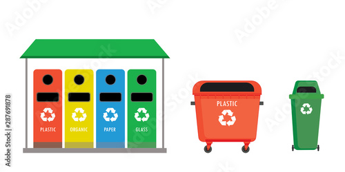 Recycle bins isolated on white background. Cartoon recycling garbage containers,