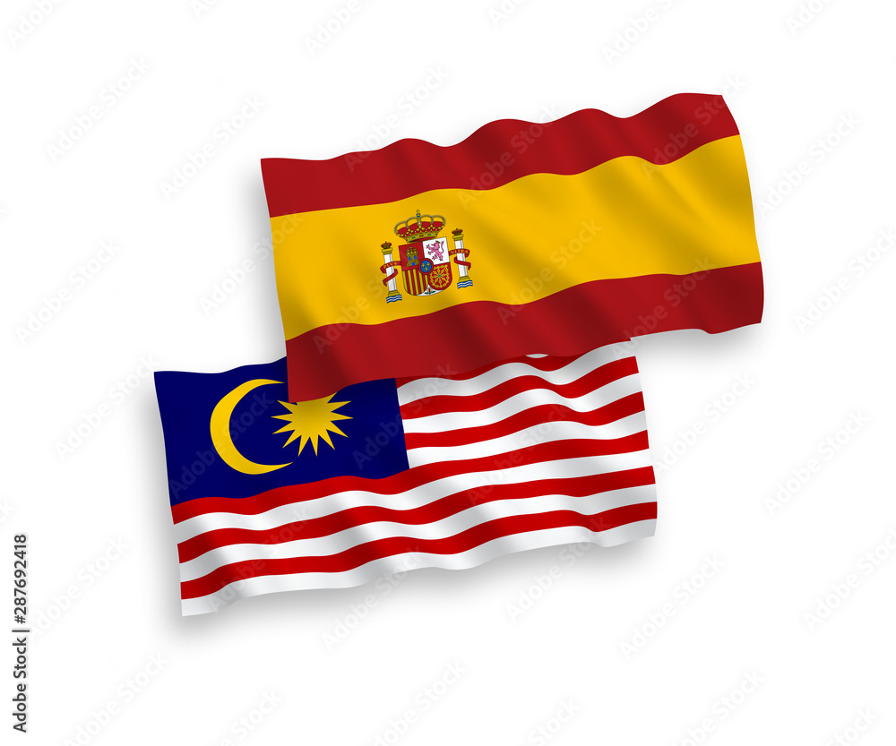 Fototapeta premium National vector fabric wave flags of Malaysia and Spain isolated on white background. 1 to 2 proportion.