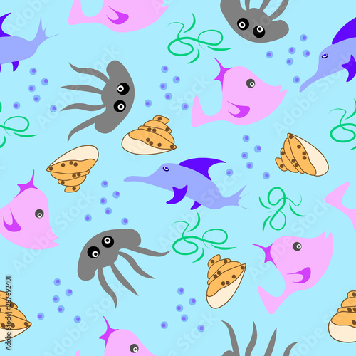 Ocean cartoon animals seamless fabric pattern.