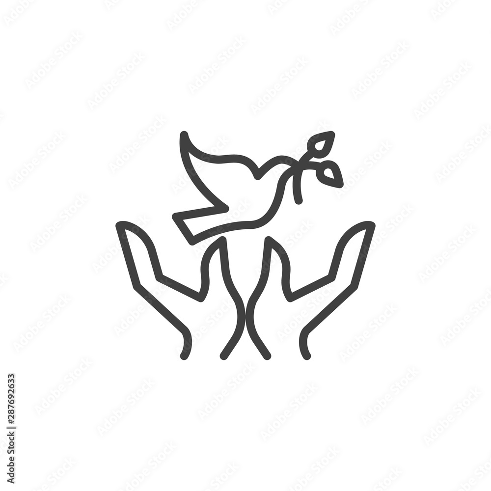 Dove with olive branch and hands line icon. linear style sign for mobile concept and web design. Freedom and peace outline vector icon. Symbol, logo illustration. Vector graphics
