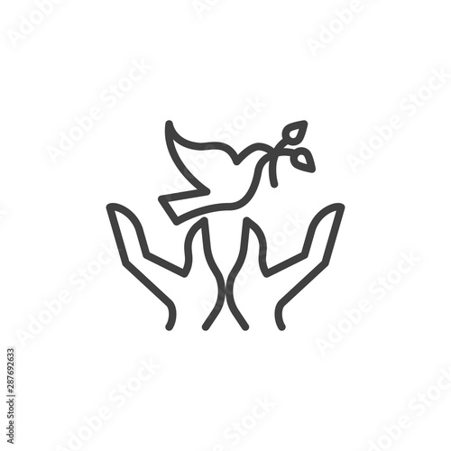 Dove with olive branch and hands line icon. linear style sign for mobile concept and web design. Freedom and peace outline vector icon. Symbol  logo illustration. Vector graphics
