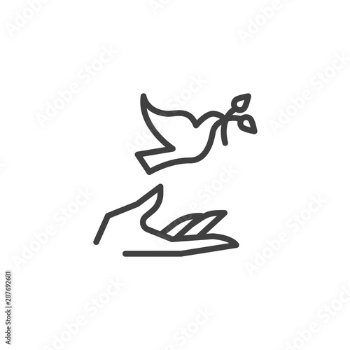Hand and pigeon line icon. linear style sign for mobile concept and web design. Dove with olive branch and hand outline vector icon. Freedom and peace symbol  logo illustration. Vector graphics