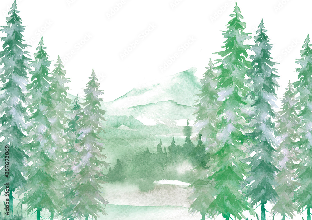 Watercolor forest landscape, green Background for your design. With ...