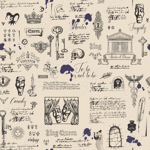 Vector seamless pattern on the theme of theater and drama with drawings and lettering in vintage style. Retro wallpaper, wrapping paper or backdrop for textile with sketches and blots