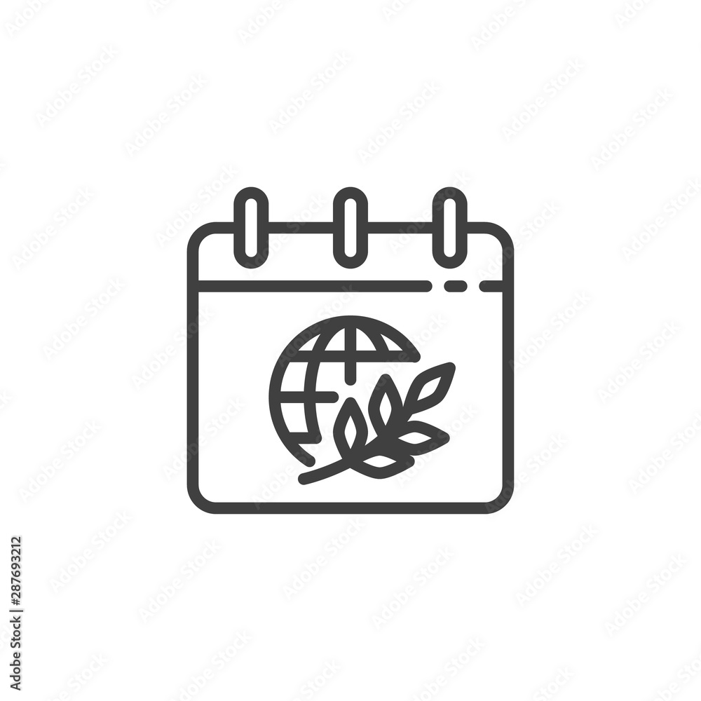 Calendar peace day line icon. linear style sign for mobile concept and web design. Calendar page with world globe and olive branch outline vector icon. Symbol, logo illustration. Vector graphics Calendar peace day line icon. linear style sign for mobile concept and web design. Calendar page with world globe and olive branch outline vector icon. Symbol, logo illustration. Vector graphics