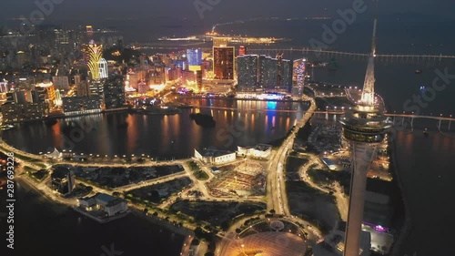 Macau city skyline at sunset with Macau Tower in twilight, Aerial view, Macau, China. (night aerial view of Macau casino)