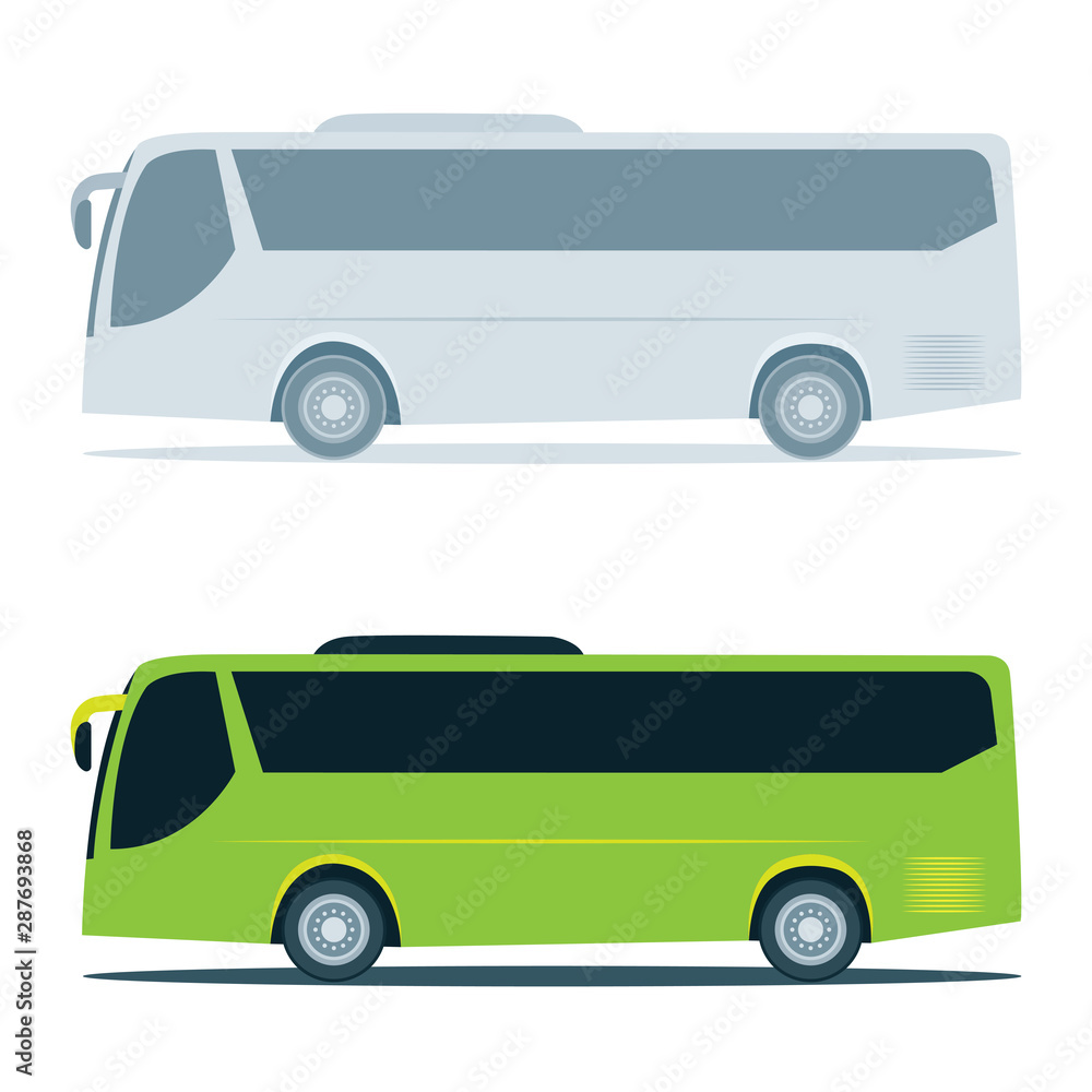 Bus. Modern tourist white bus vector illustrations set.  Coach city bus with blank surface.