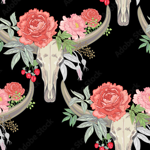 Vector seamless pattern with sculls of the buffalo and flowers.